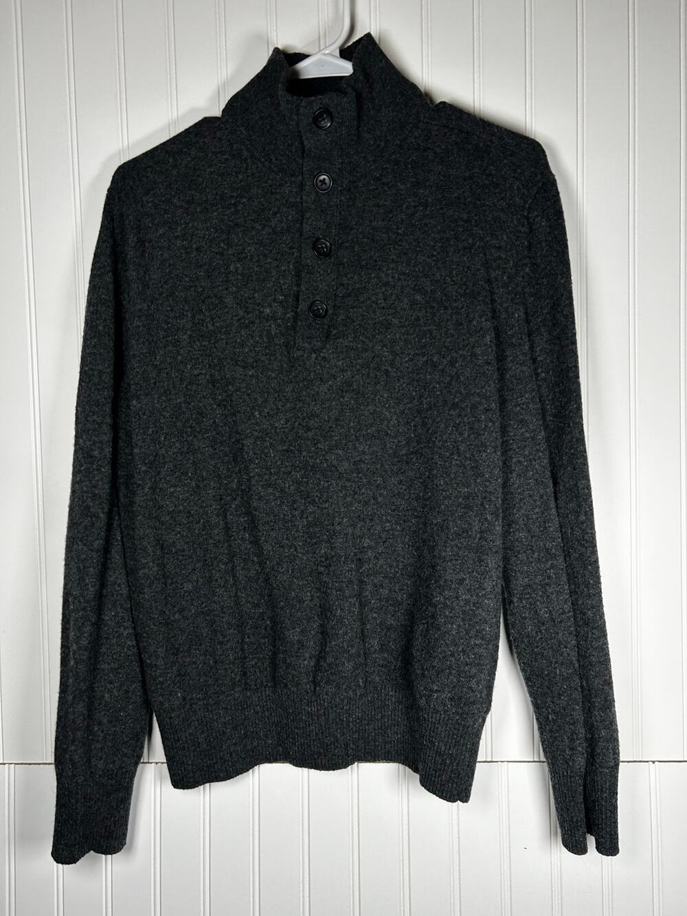 Banana Republic Sweater Mens100% MERINO WOOL dark gray 1/4 Button Pullover Sz L